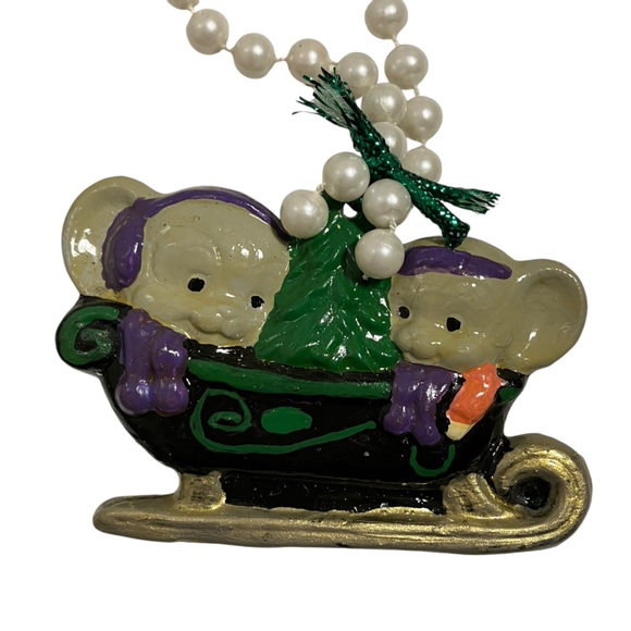 Vintage Mice on Sled with Christmas Tree Ceramic Christmas Ornament - Picture 2 of 8